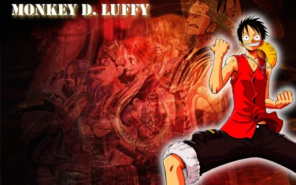HD desktop wallpaper featuring Monkey D. Luffy from the anime One Piece, showcasing a dynamic pose with the crew in the background.