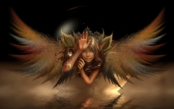 HD desktop wallpaper featuring a fantasy nymph fairy with majestic wings, gracefully emerging from a mystical, shimmering surface.