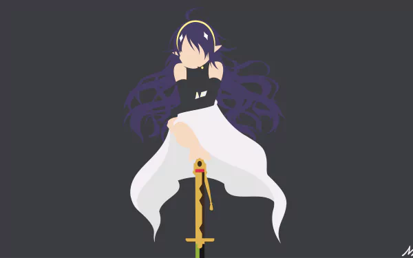 Minimalist 8K Ultra HD anime wallpaper featuring Asuramaru from Seraph of the End, with dark flowing hair and a glowing sword against a deep blue background.