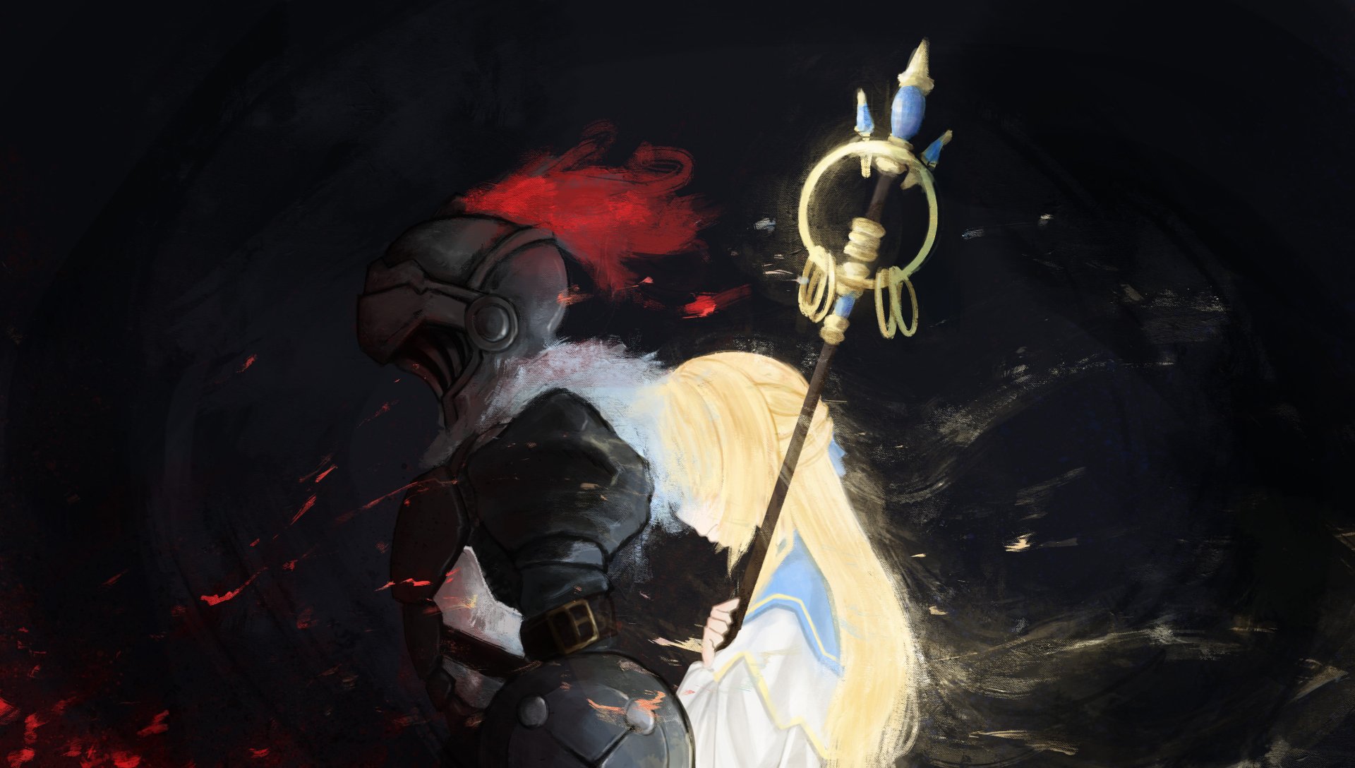 HD PC desktop wallpaper featuring Priestess from the anime Goblin Slayer, showcasing her glowing staff and ethereal presence against a dark, atmospheric background.