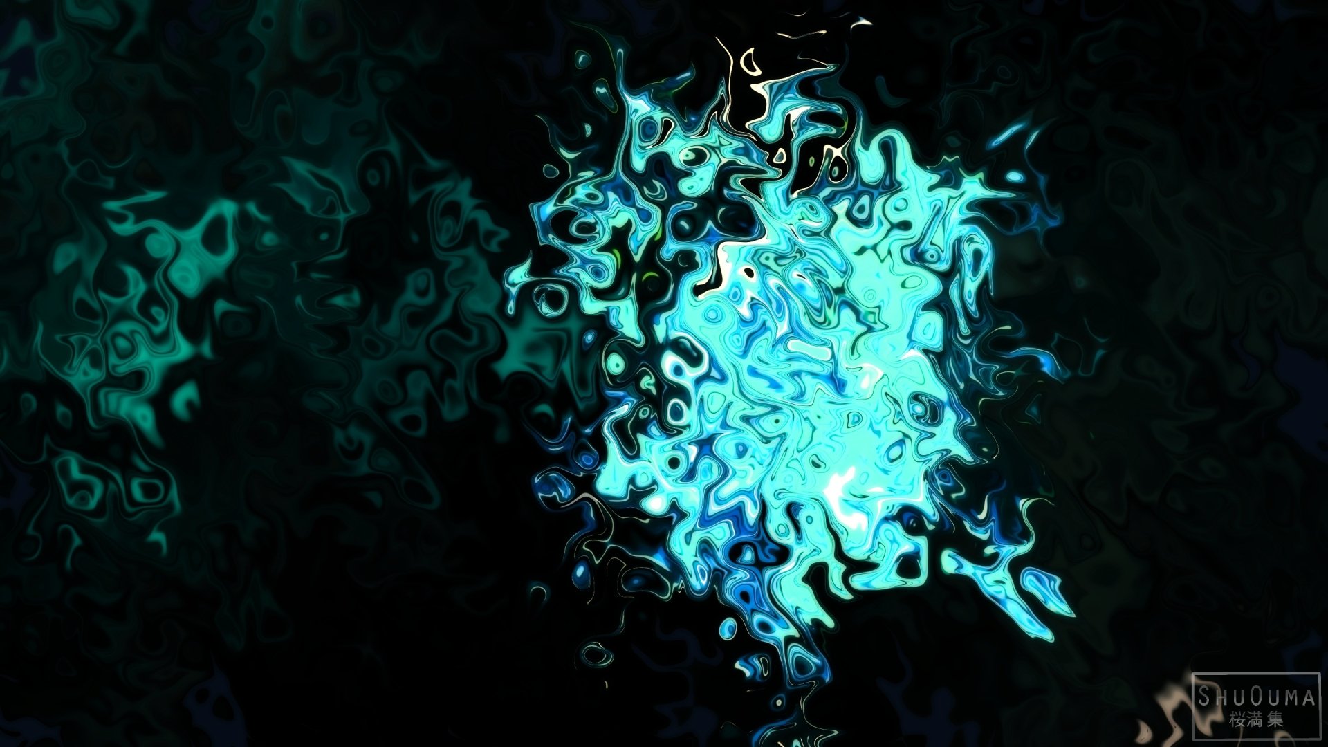 An abstract HD desktop wallpaper with swirling shades of turquoise and green blending into a dark background.