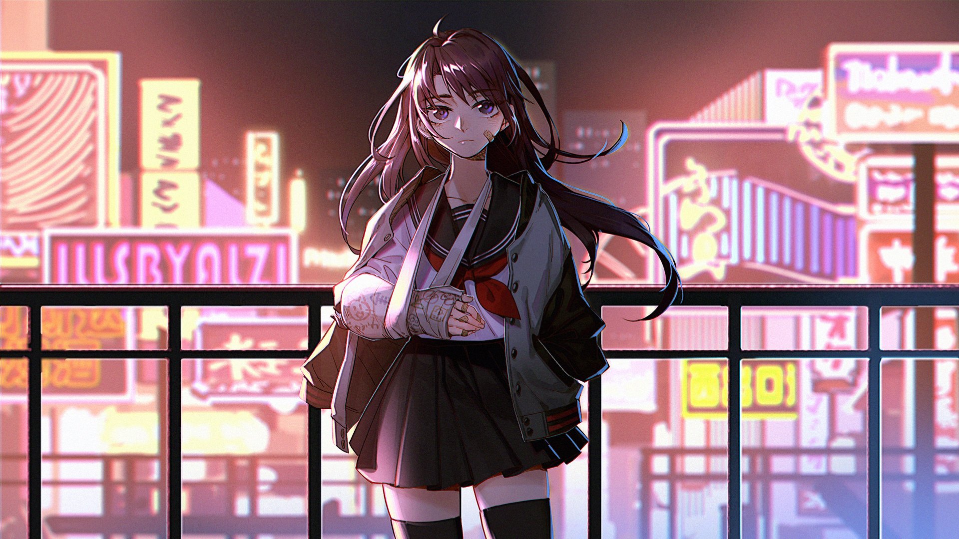 HD anime-style original artwork of a girl with long hair standing against a neon-lit cityscape, used as a vibrant PC desktop wallpaper and background.