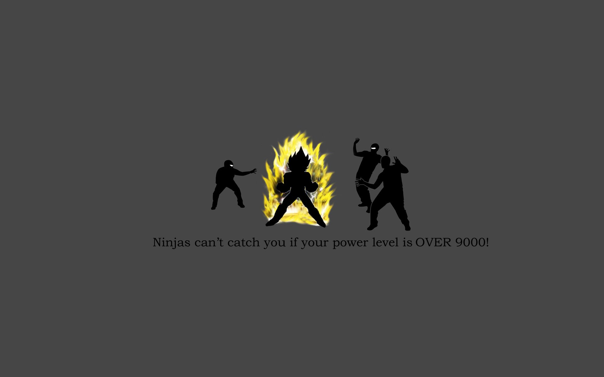 Funny ninja HD PC desktop wallpaper: three black silhouettes with a center figure glowing yellow, captioned with a humorous power level over 9000 scene.