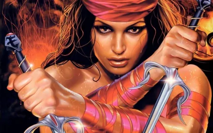 Elektra from Marvel Comics is portrayed in a dynamic pose, wielding dual sai, set against a fiery background, creating a striking HD desktop wallpaper.