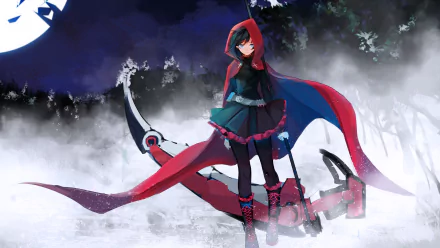 An 8K Ultra HD anime wallpaper featuring Ruby Rose from RWBY, standing confidently with her signature red cloak and weapon in a misty forest setting.