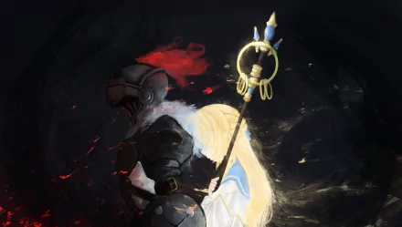 HD PC desktop wallpaper featuring Priestess from the anime Goblin Slayer, showcasing her glowing staff and ethereal presence against a dark, atmospheric background.