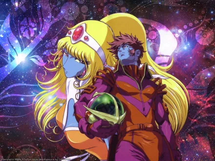 Anime characters from Daft Punk's Interstella 5555: The 5tory of the 5ecret 5tar 5ystem stand together against a vibrant cosmic backdrop, showcasing a blend of music and animation.