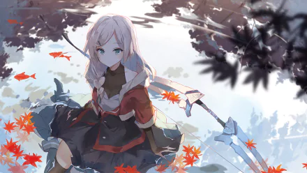 HD desktop wallpaper featuring an anime girl with white hair sitting among red autumn leaves, holding a large sword, set against a backdrop of trees and gentle light.