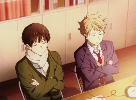 HD anime desktop wallpaper featuring Akihito Kanbara and Hiroomi Nase from Beyond the Boundary, both seated with arms crossed in a warm, softly lit room.