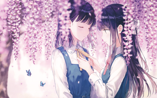 Anime Original Long Hair Black Hair Cherry Blossom bow Short Hair Butterfly HD Wallpaper | Background Image