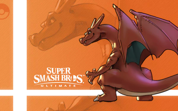 HD PC desktop wallpaper featuring Charizard from the video game Super Smash Bros. Ultimate, set against an orange background with the game's logo.