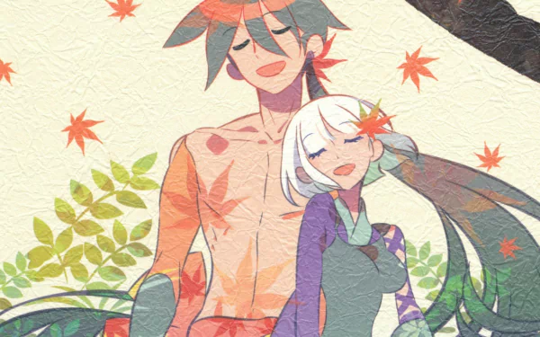 HD anime desktop wallpaper featuring Togame and Shichika Yasuri from Katanagatari, surrounded by autumn leaves with a serene, textured background.