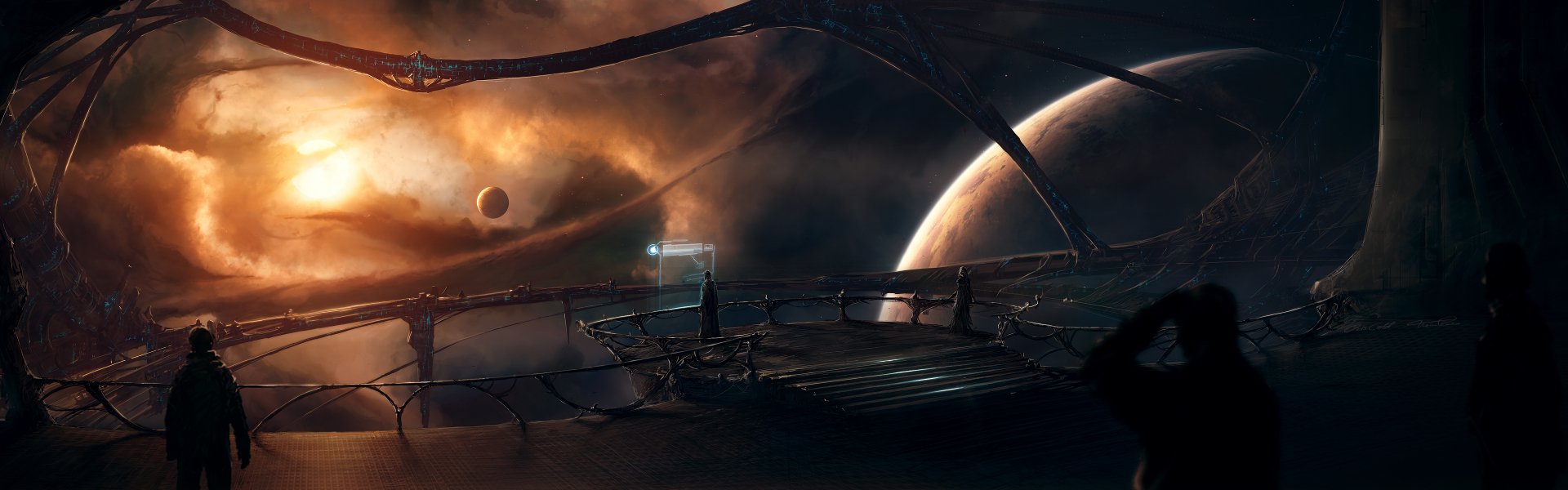 HD desktop wallpaper of a sci-fi space scene featuring a futuristic structure with a view of planets and glowing celestial clouds in the background.
