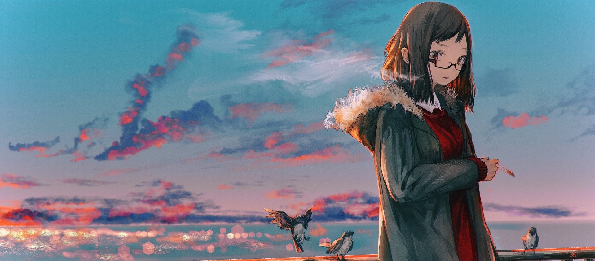 Anime-style HD desktop wallpaper of a short brown-haired character wearing glasses, smoking a cigarette, with birds flying against a vibrant sunset sky.