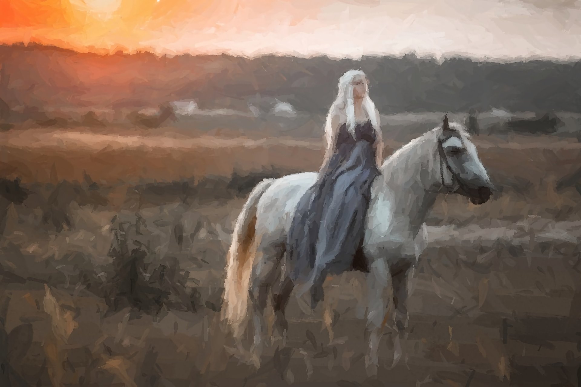Daenerys Targaryen (Game of Thrones) rides a white horse at sunset across a windswept plain — 4K Ultra HD PC desktop wallpaper/background.