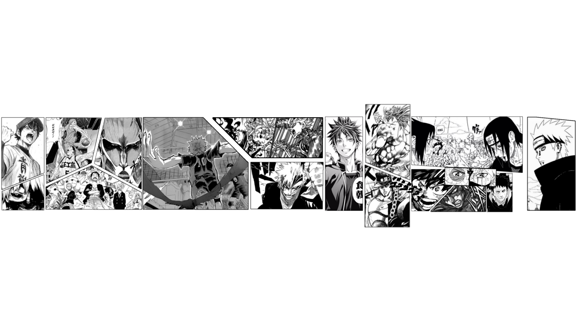 HD PC desktop wallpaper featuring a dynamic black-and-white manga crossover of Haikyū!!, Tokyo Ghoul, Jojo's Bizarre Adventure, Bleach, Food Wars, Slam Dunk, My Hero Academia, One Piece, and Naruto.