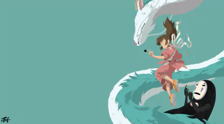 HD anime desktop wallpaper featuring Chihiro and the dragon from Spirited Away with No-Face against a teal background.