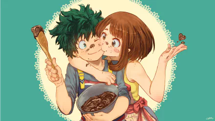 A vibrant illustration of Ochaco Uraraka and Izuku Midoriya from My Hero Academia, capturing a playful moment in a 4K Ultra HD PC desktop wallpaper.