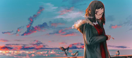 Anime-style HD desktop wallpaper of a short brown-haired character wearing glasses, smoking a cigarette, with birds flying against a vibrant sunset sky.