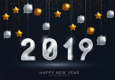 2019 New Year celebration background with hanging silver and gold Christmas ornaments and stars, designed as a 4K Ultra HD holiday desktop wallpaper.