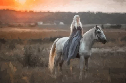 Daenerys Targaryen (Game of Thrones) rides a white horse at sunset across a windswept plain — 4K Ultra HD PC desktop wallpaper/background.