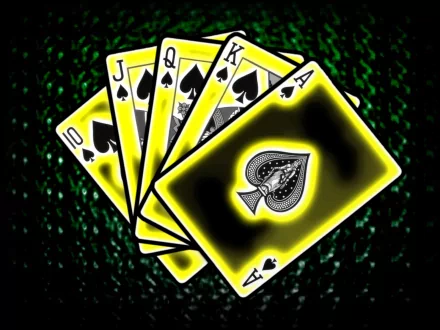 HD desktop wallpaper featuring a vibrant, man-made design of a royal flush in spades poker cards with glowing yellow edges against a dark background.