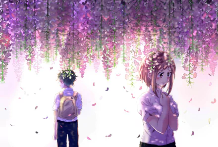 HD PC wallpaper featuring Izuku Midoriya and Ochaco Uraraka from My Hero Academia under cascading purple wisteria flowers with soft, glowing light.