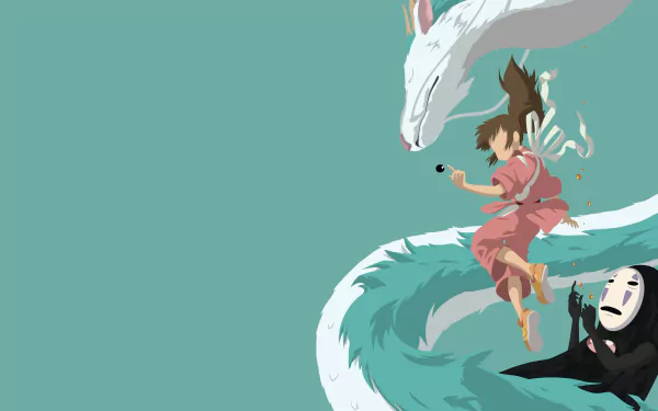 HD anime desktop wallpaper featuring Chihiro and the dragon from Spirited Away with No-Face against a teal background.