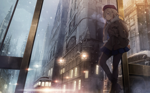 Anime Original Long Hair Blonde City Snow Hat Scarf Yellow Eyes HD Wallpaper | Background Image