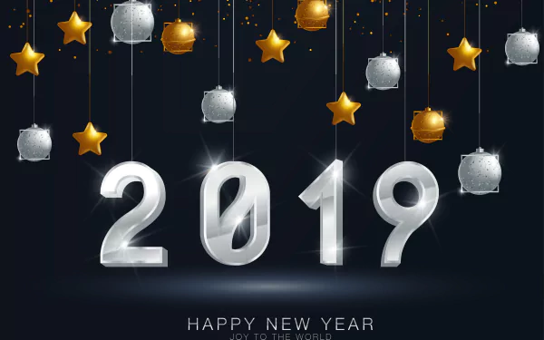 2019 New Year celebration background with hanging silver and gold Christmas ornaments and stars, designed as a 4K Ultra HD holiday desktop wallpaper.