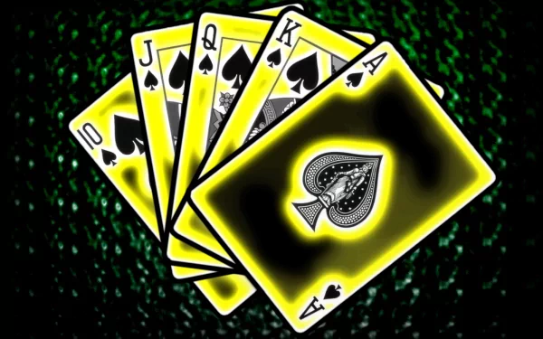 HD desktop wallpaper featuring a vibrant, man-made design of a royal flush in spades poker cards with glowing yellow edges against a dark background.