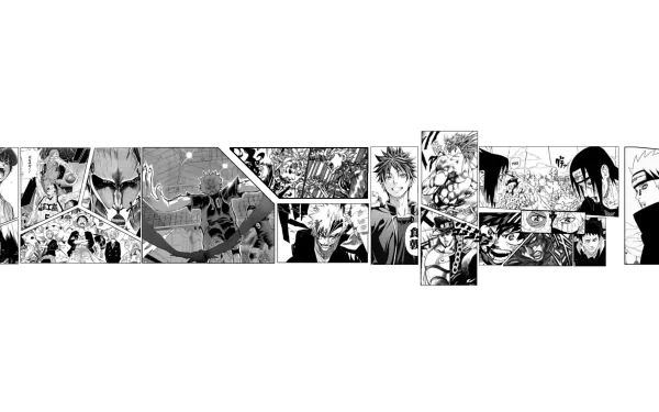 HD PC desktop wallpaper featuring a dynamic black-and-white manga crossover of Haikyū!!, Tokyo Ghoul, Jojo's Bizarre Adventure, Bleach, Food Wars, Slam Dunk, My Hero Academia, One Piece, and Naruto.