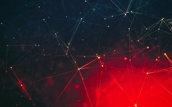 Abstract digital art 4K Ultra HD PC desktop wallpaper and background: network of glowing nodes and connecting lines over a dark field with a vivid red glow in the lower right and cyan highlights.