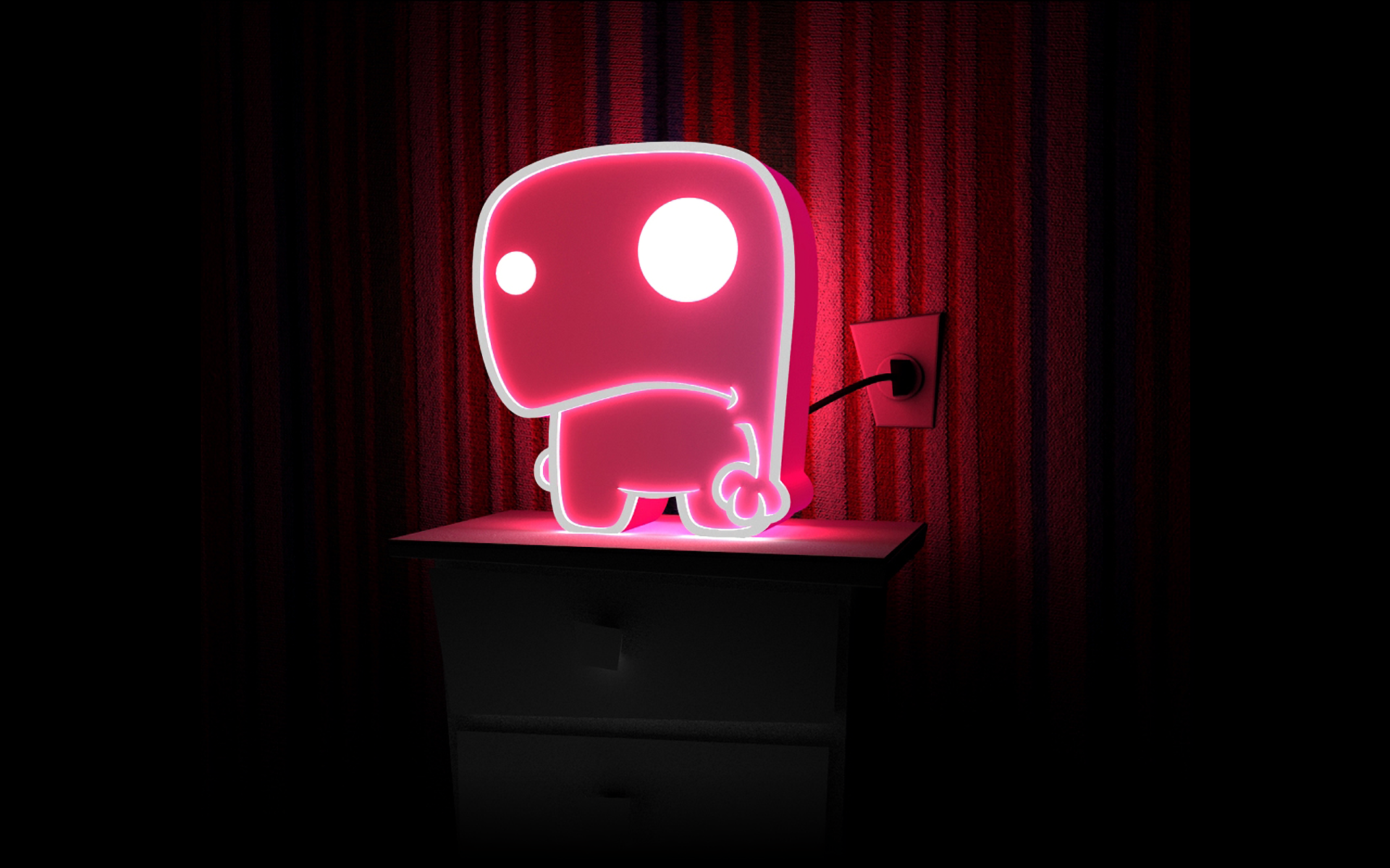 Artistic light HD PC desktop wallpaper showing a glowing pink neon cartoon creature plugged into a wall outlet, standing on a nightstand against a red curtain backdrop.