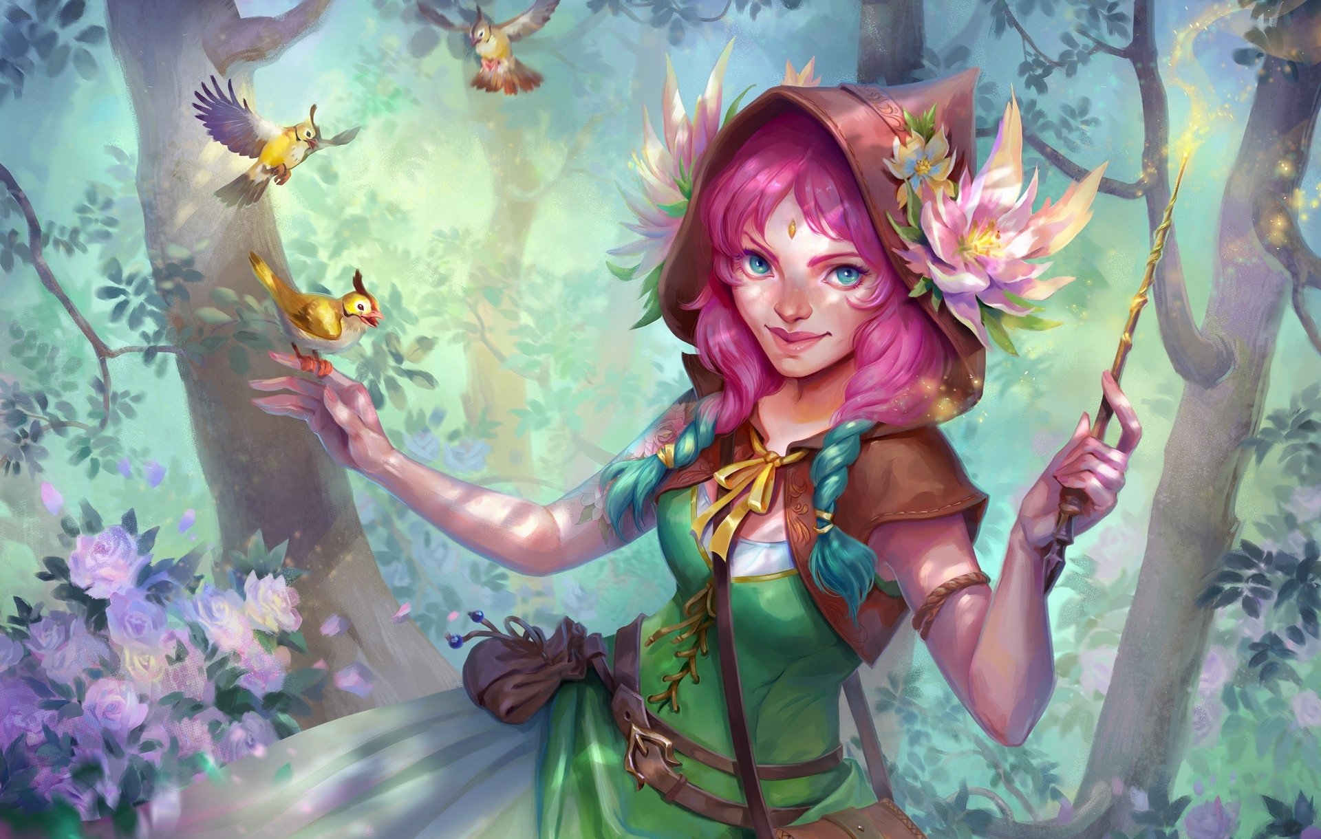 Fantasy HD PC desktop wallpaper of a pink-haired woman in a hood, braided hair and blue eyes, holding a wand while birds flutter in a sunlit forest.