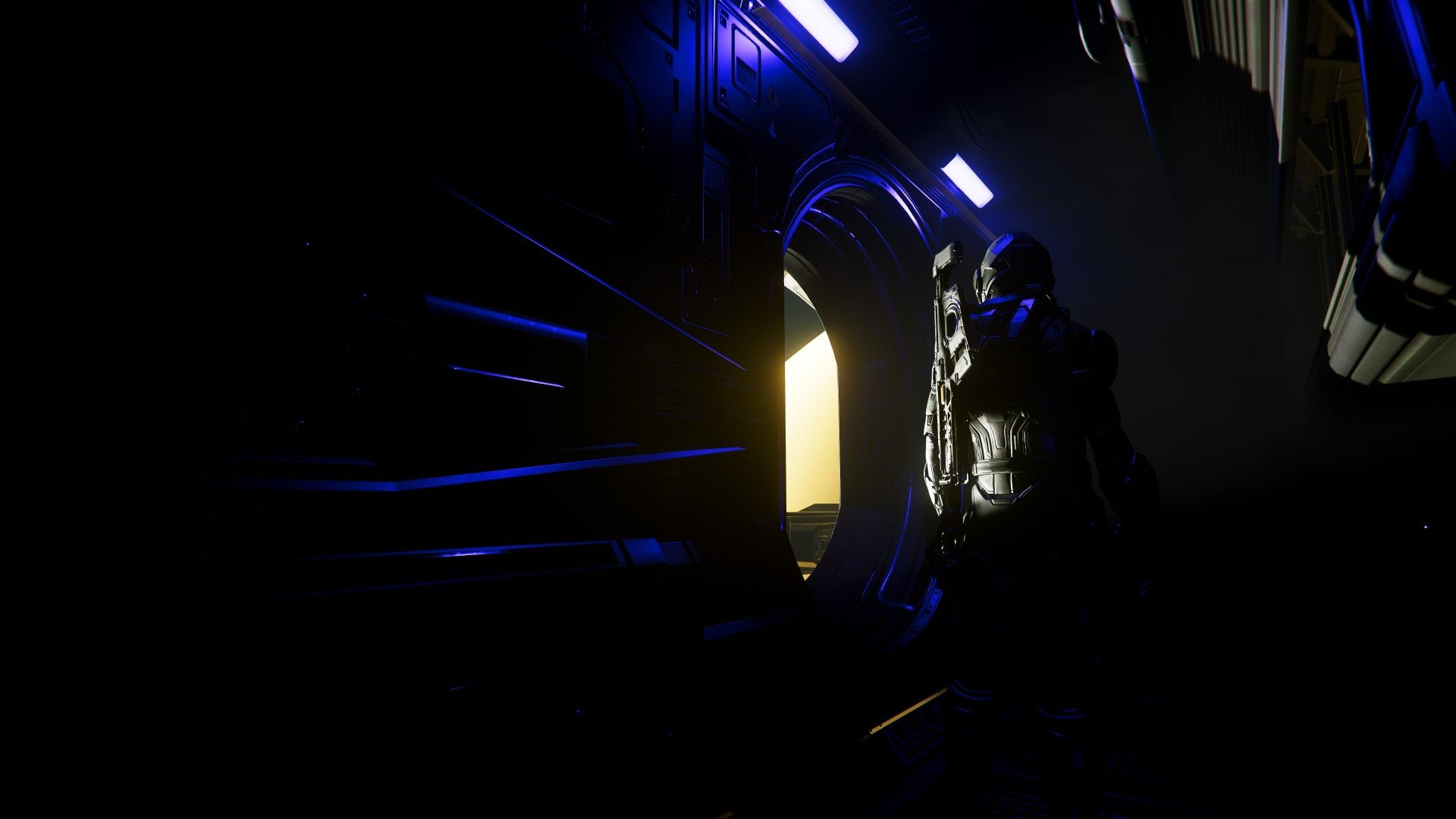 Star Citizen video game 4K Ultra HD PC desktop wallpaper/background: silhouetted spacesuited figure stands at a glowing circular hatch in a dark, blue-lit sci‑fi corridor.
