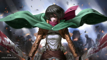 HD anime desktop wallpaper featuring Mikasa Ackerman from Attack on Titan, depicted with her green cloak billowing amid a dynamic, intense battlefield background.