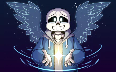 HD PC desktop wallpaper featuring Sans from Undertale with glowing wings and a radiant light between his hands against a starry night background.