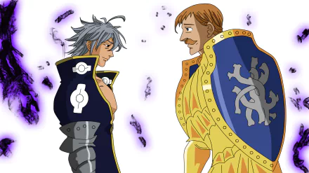 Escanor and Estarossa from The Seven Deadly Sins face off in an anime-style 2K Quad HD PC desktop wallpaper, contrasting golden armor and a dark purple aura.