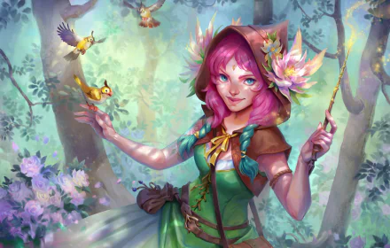 hood wand blue eyes braid pink hair bird fantasy woman HD Desktop Wallpaper | Background Image