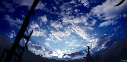 HD anime-style desktop wallpaper showing a vibrant sky filled with scattered clouds and sun rays breaking through, framed by silhouetted structures and foliage.