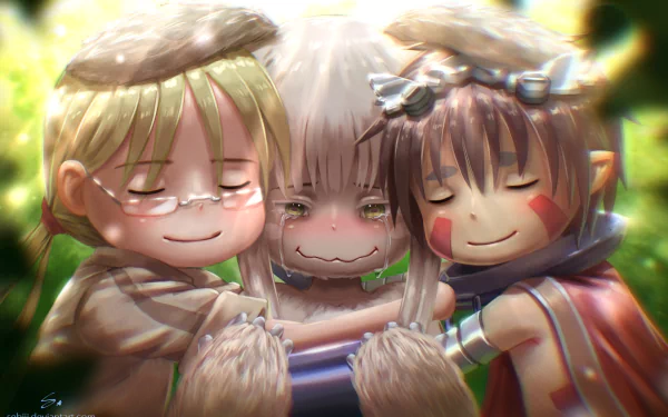 HD PC desktop wallpaper featuring Nanachi, Riko, and Reg from the anime Made in Abyss, depicted sharing a warm, heartfelt group hug in a glowing forest setting.