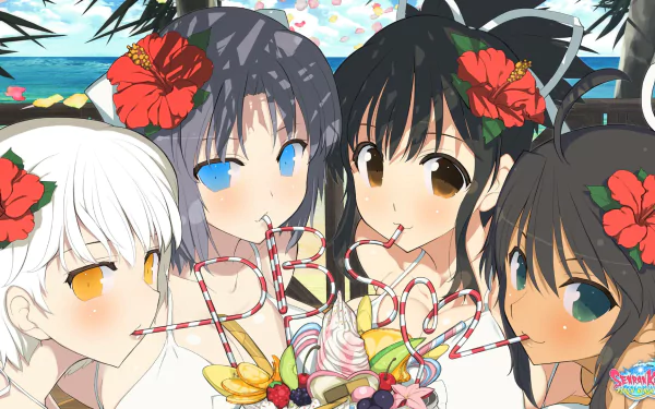 HD PC desktop wallpaper featuring characters from the video game SENRAN KAGURA Peach Beach Splash enjoying tropical drinks with vibrant hibiscus flowers in their hair.