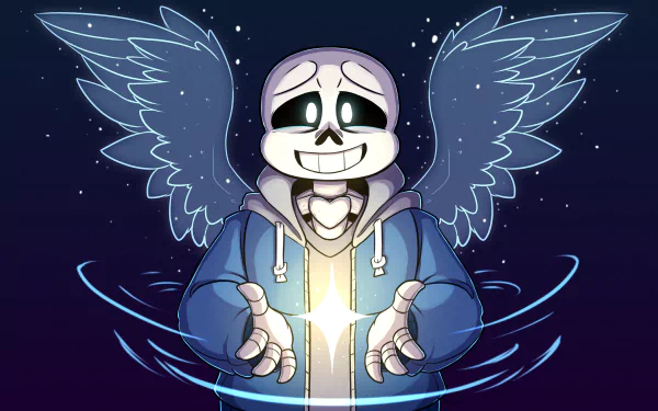 HD PC desktop wallpaper featuring Sans from Undertale with glowing wings and a radiant light between his hands against a starry night background.