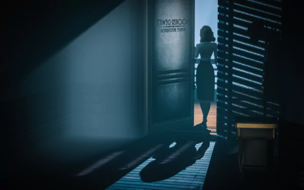 8K Ultra HD Bioshock Infinite PC wallpaper showing a silhouetted woman standing near a locker in a dimly lit room with dramatic shadows and light beams.