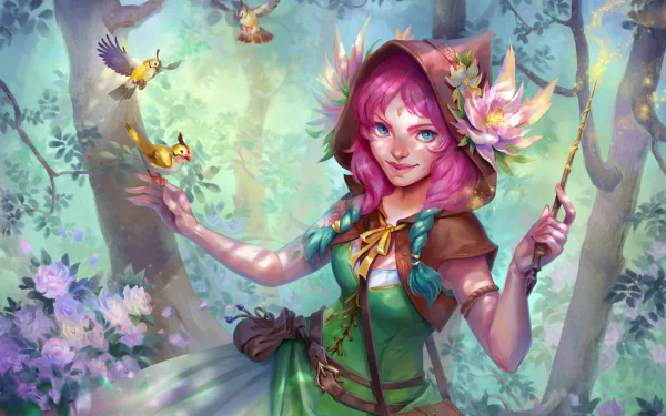 hood wand blue eyes braid pink hair bird fantasy woman HD Desktop Wallpaper | Background Image