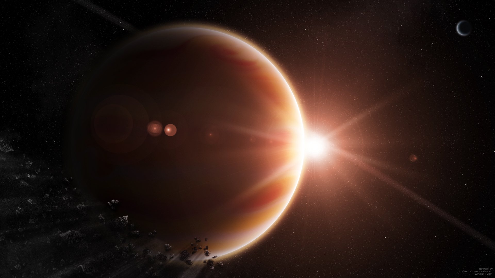 HD PC desktop wallpaper and background: sci-fi space scene of a backlit planet with a bright star, streaking meteor and nearby asteroid field against the dark cosmos.