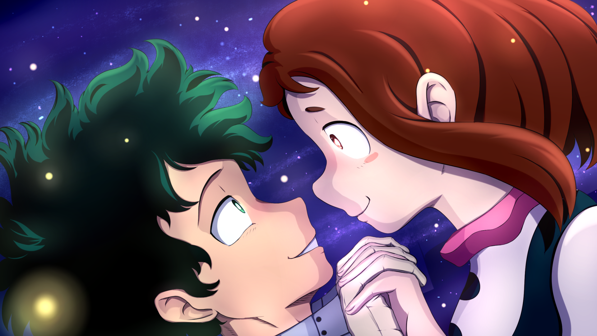 Anime HD PC desktop background: My Hero Academia's Izuku Midoriya and Ochaco Uraraka hold hands and gaze at each other beneath a starry purple sky.