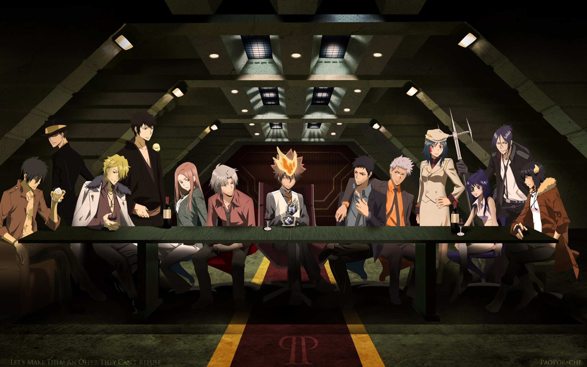 HD anime desktop wallpaper featuring characters from Katekyō Hitman Reborn! assembled around a long table in a dramatic, dimly lit setting.