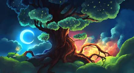 An HD desktop wallpaper featuring an artistic painting of a tree with roots, a crescent moon, a star, clouds, and a vibrant, colorful background.